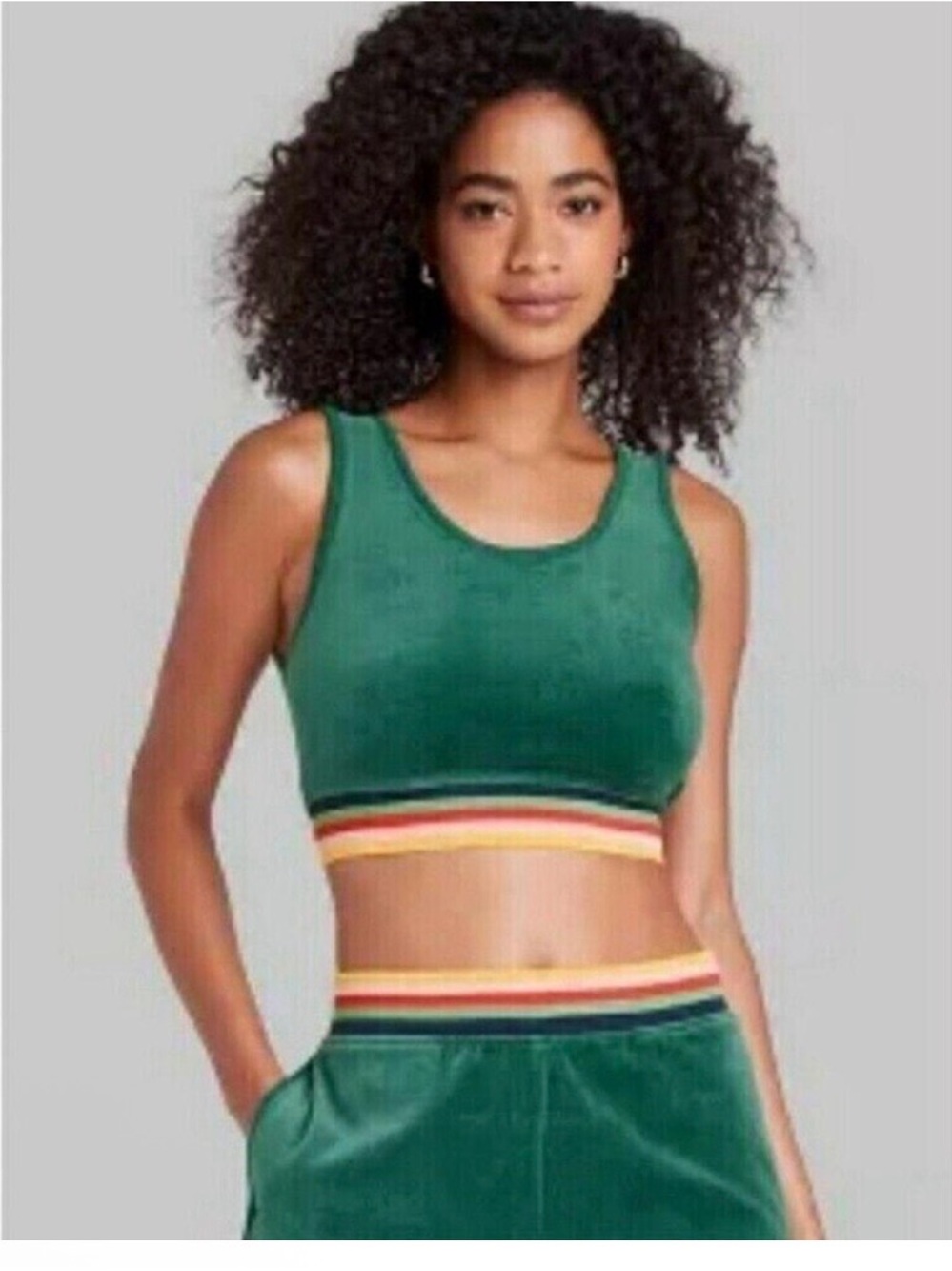 wild fable Green Velour Cropped Tank with Rainbow Stripe Hem